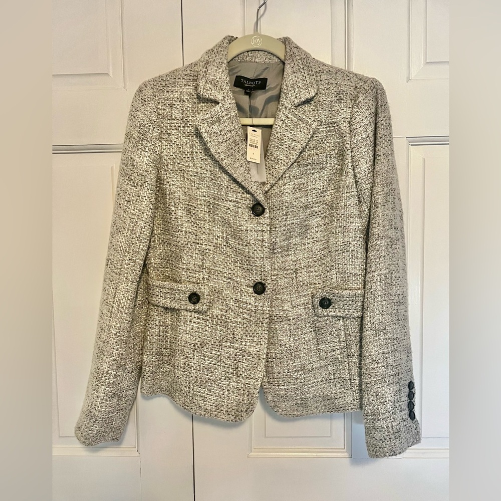 Talbots Tweed Jacket Blazer Light Gray Pattern Size 8 NWT